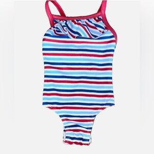 Little English Red White Blue Stripe Bow Swimsuit Size 3 - 6 M